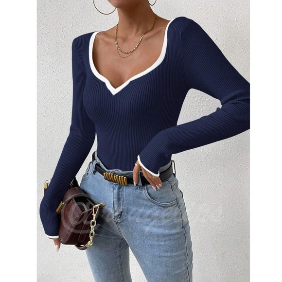Navy Blue Rib Knit Sweetheart Neck Contrast White Trim - Picture 6 of 9